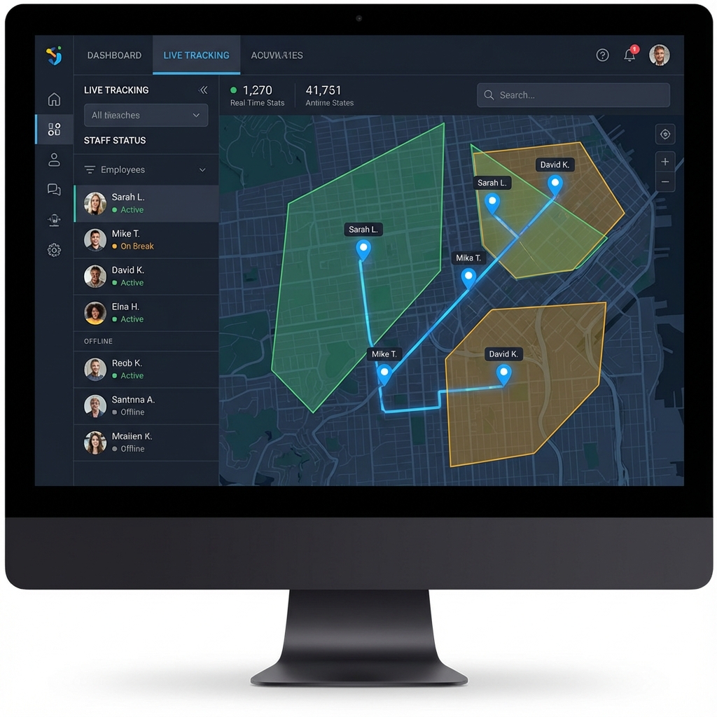Live workforce GPS tracking with staff status and geofenced zones